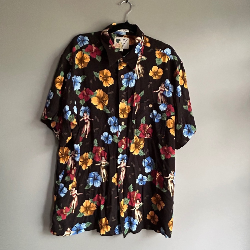 Ron‎ Chereskin Mens XL Hawaiian Shirt Hula Girl Hibiscus Black Rayon Button Down
